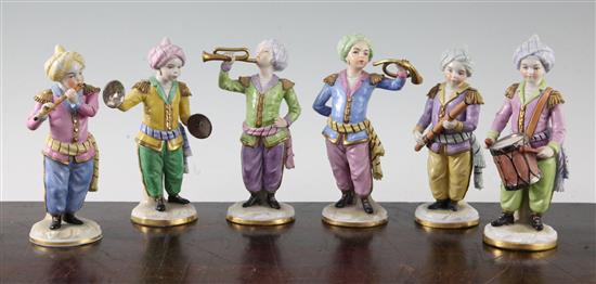 A set of six Sitzendorf porcelain figures of Ottoman band musicians, early 20th century, 15cm - 16cm